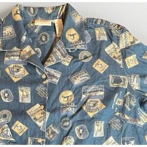 Liz Claiborne Shirt Womens 20W Chambray Travel Stamp Cotton Blouse Vtg Y2K Top